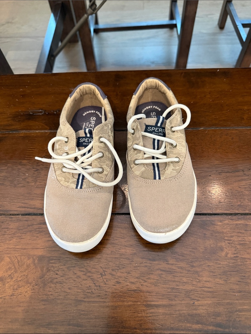 Sperry Kids Tan Canvas Sneakers with Navy Stripe